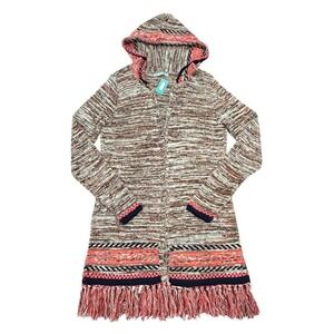 Maurices Hooded Southwestern Cardigan Boho Western Fringe Marled Knit Sweater